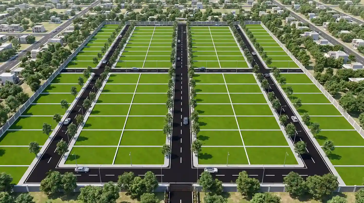 Open plots in Bandar Road – aerial view of CRDA approved residential layout near Vijayawada