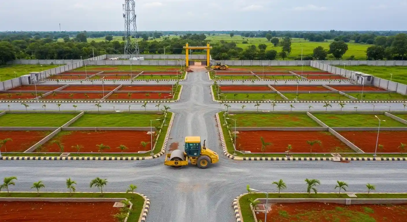 Residential plots for sale in Rambilli Defence Corridor city with wide roads and green landscaping